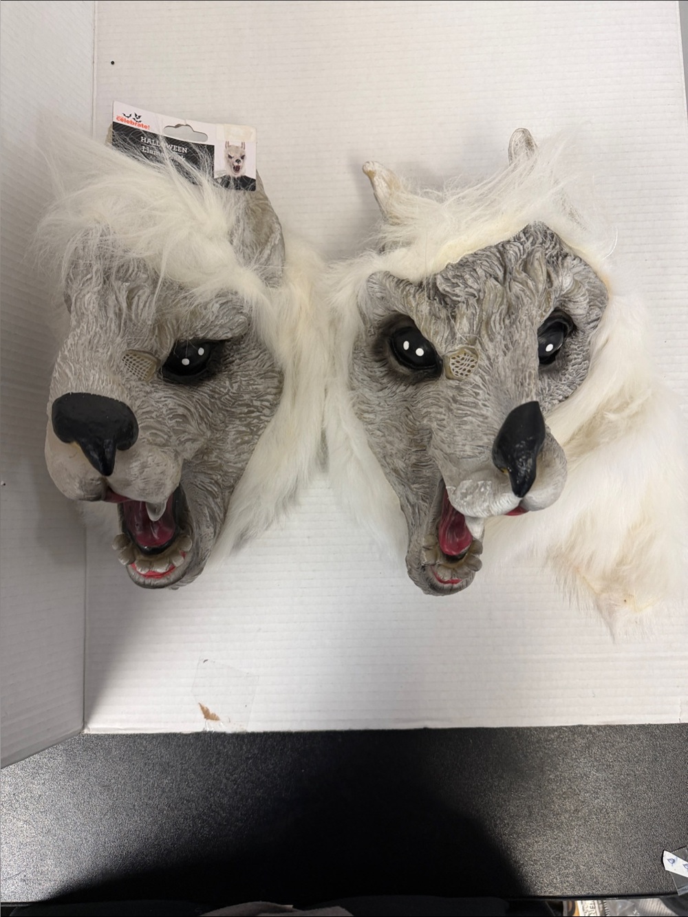 2 White Wolf Halloween Mask with Faux Fur - Pair